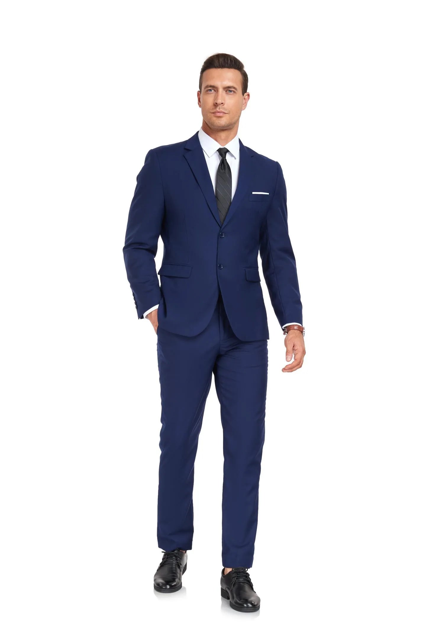 refined navy blue blazer and pants set, structured two button 2 piece men's suit design