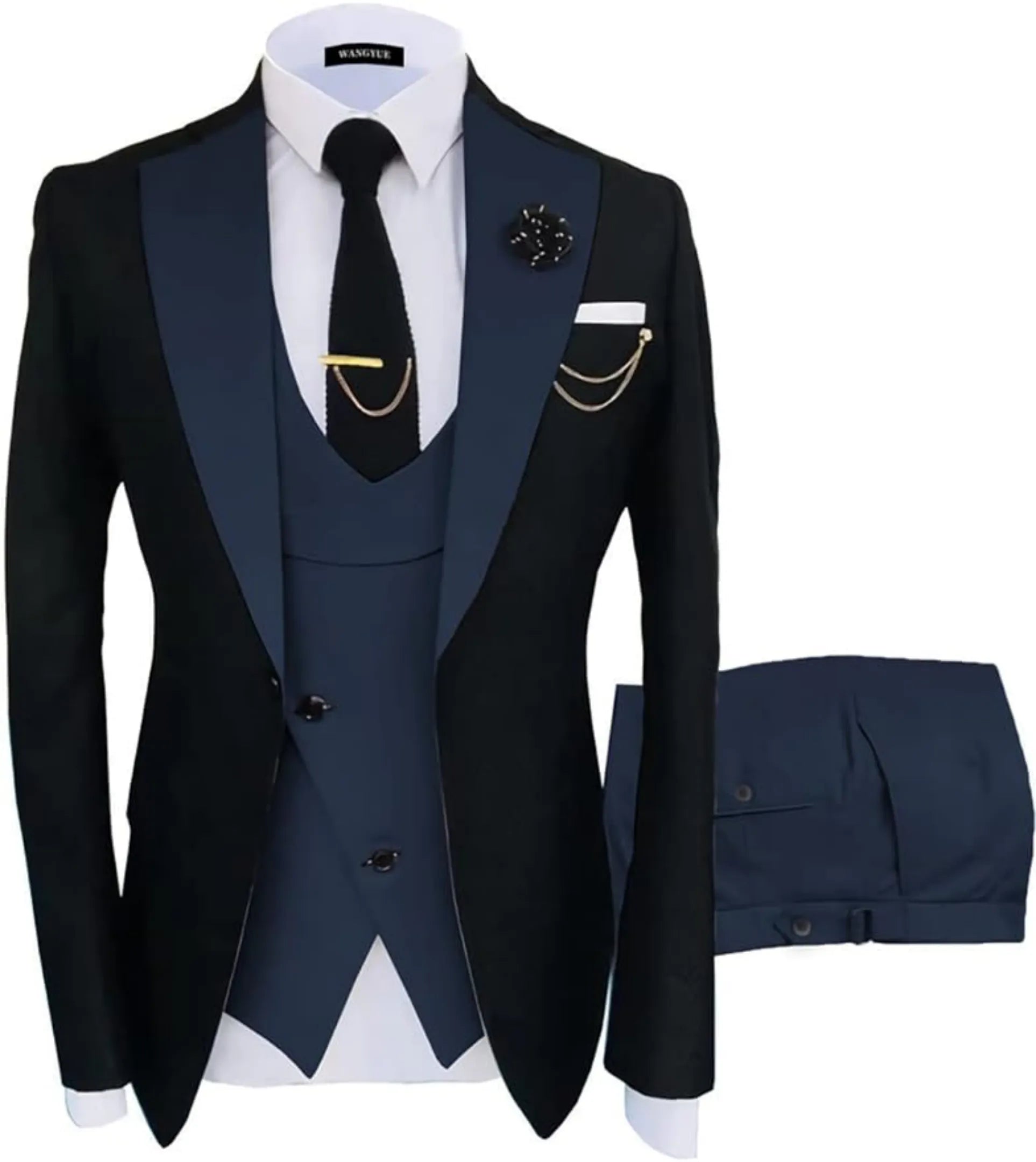 navy blue and black 3 piece men's suit: black blazer with navy satin lapel, cross blue vest, gold chain, lapel pin and white pocket square