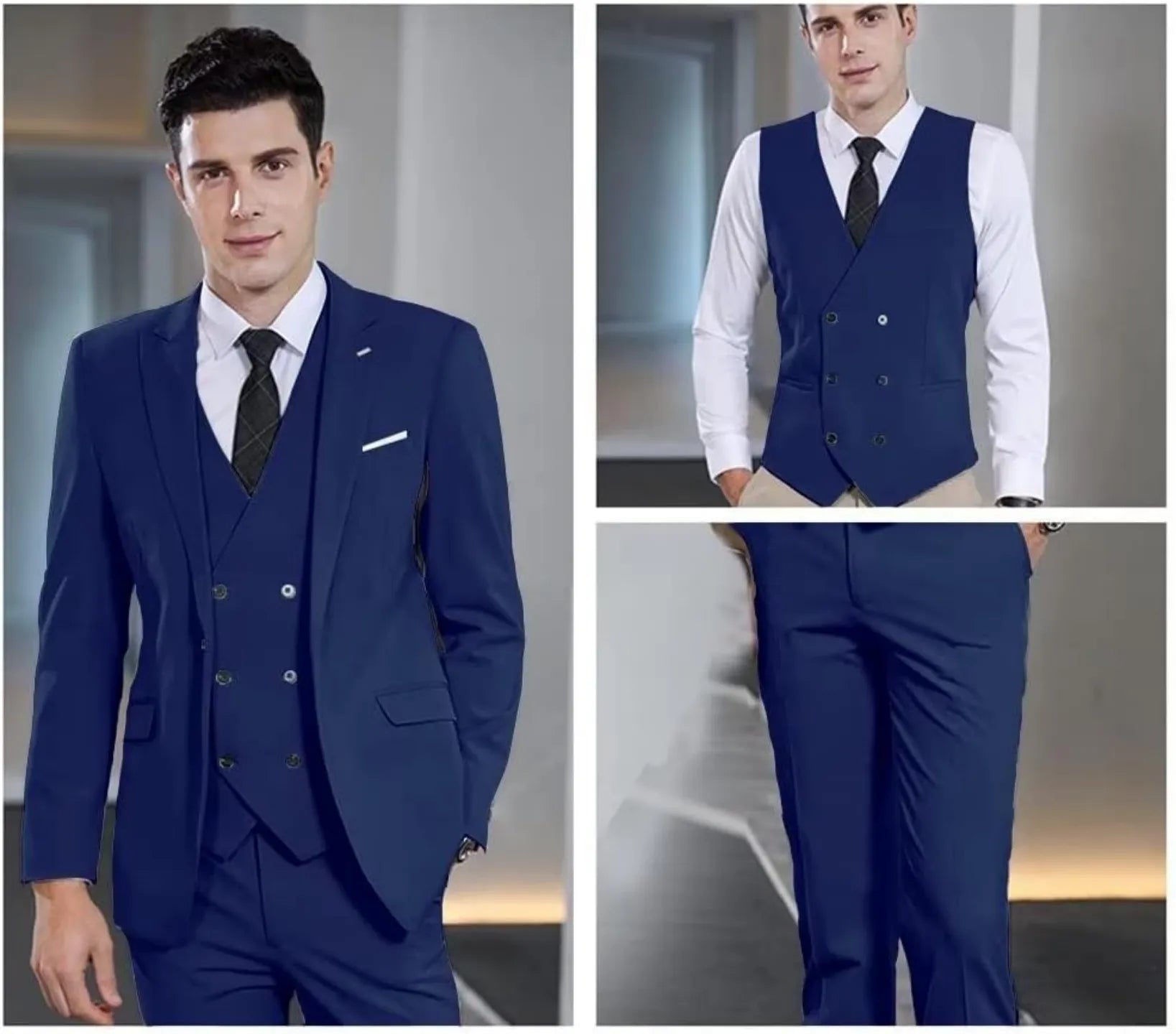 model wearing navy blue double-breasted 3 piece suit – blazer, vest and trousers shown with formal tie in indoor setting
