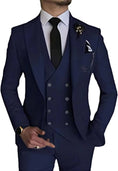 Load image into Gallery viewer, front view of men's navy blue double-breasted 3 piece suit – slim fit blazer, vest and trousers styled with tie and lapel brooch
