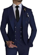 front view of men's navy blue double-breasted 3 piece suit – slim fit blazer, vest and trousers styled with tie and lapel brooch
