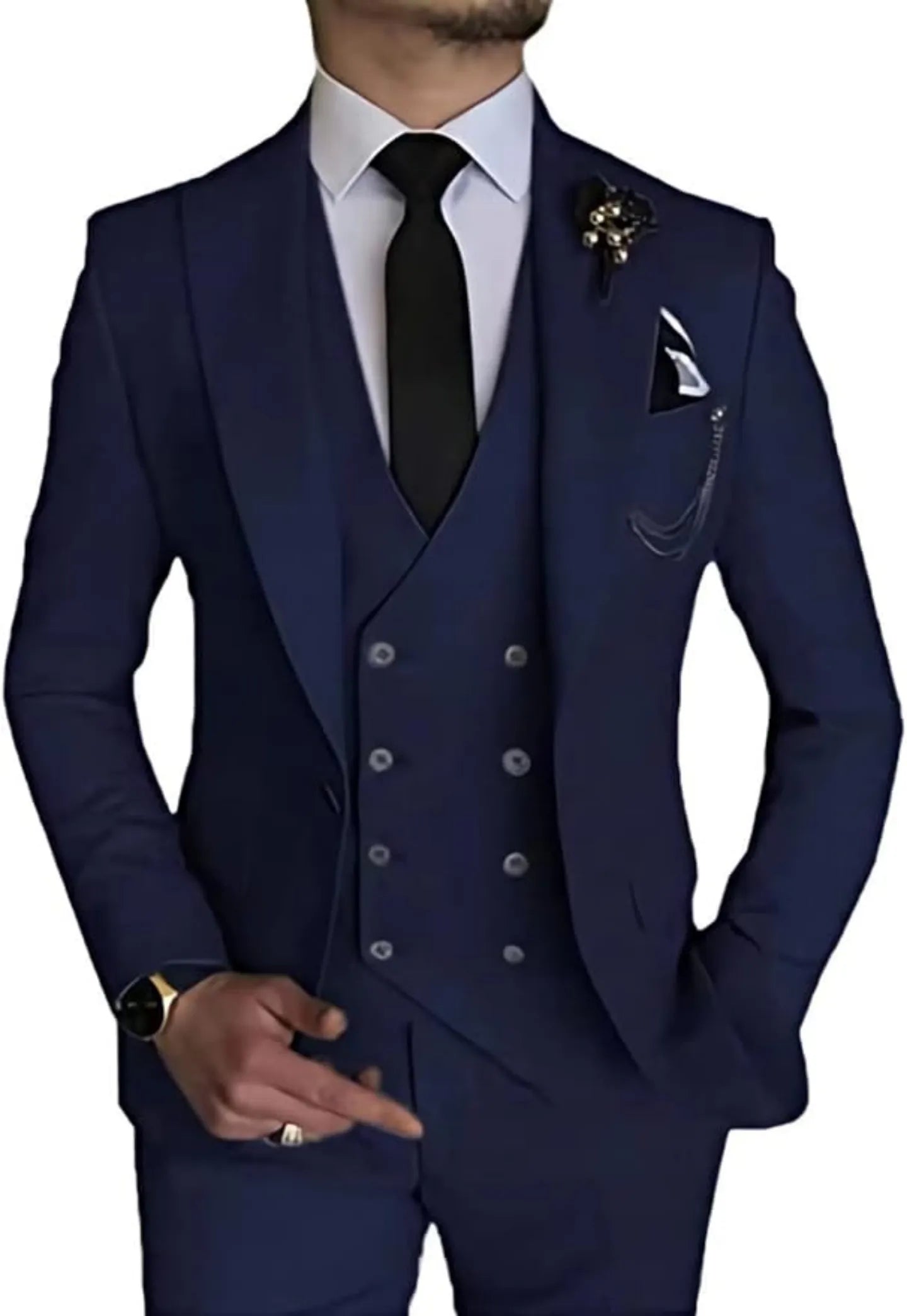 front view of men's navy blue double-breasted 3 piece suit – slim fit blazer, vest and trousers styled with tie and lapel brooch
