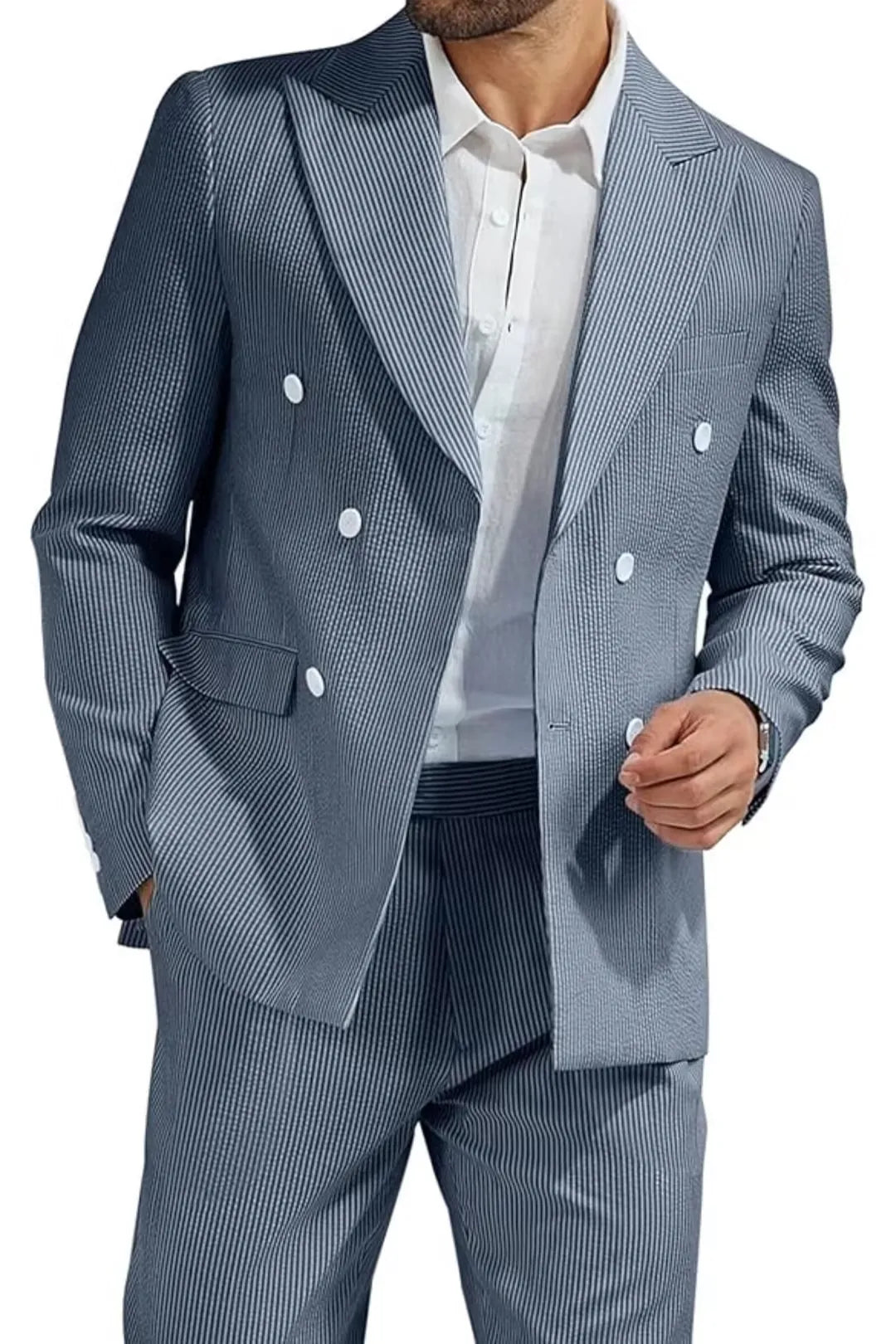 close-up view of men's navy blue double-breasted seersucker suit jacket, featuring striped texture and white buttons.