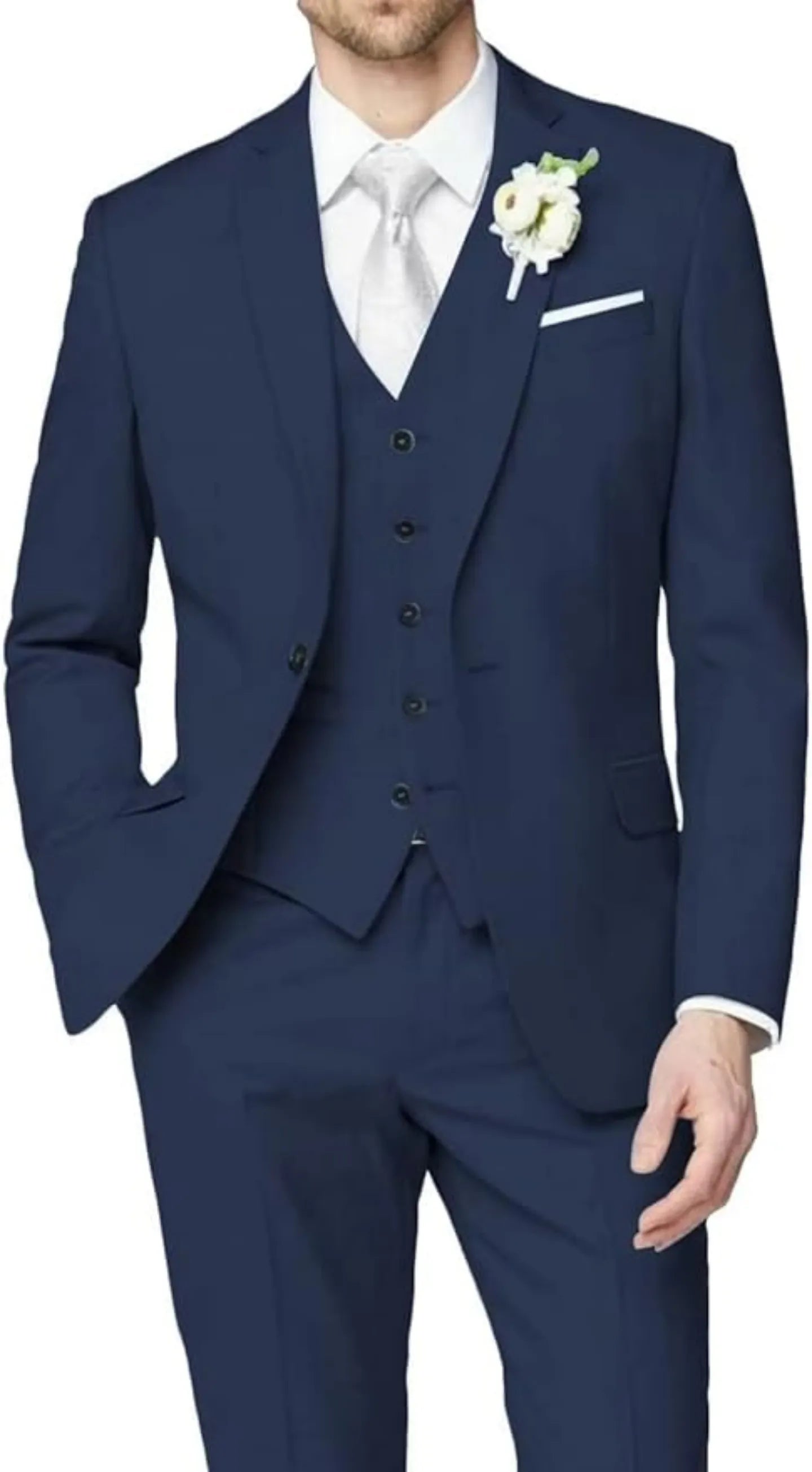 front view of navy blue wedding groomsmen 3 piece men's suit with tailored blazer, buttoned vest, slim trousers, white shirt, and silver tie with boutonniere