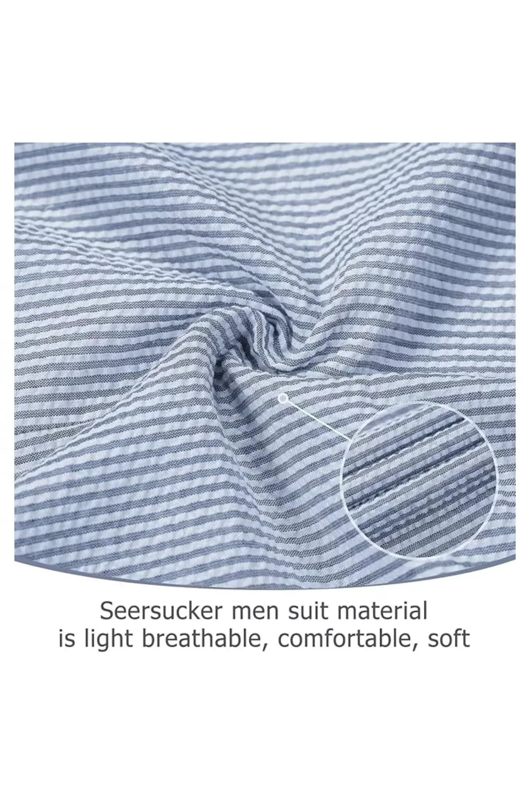 Close-up of navy blue-and-white seersucker fabric with soft, breathable stripes for summer wear.