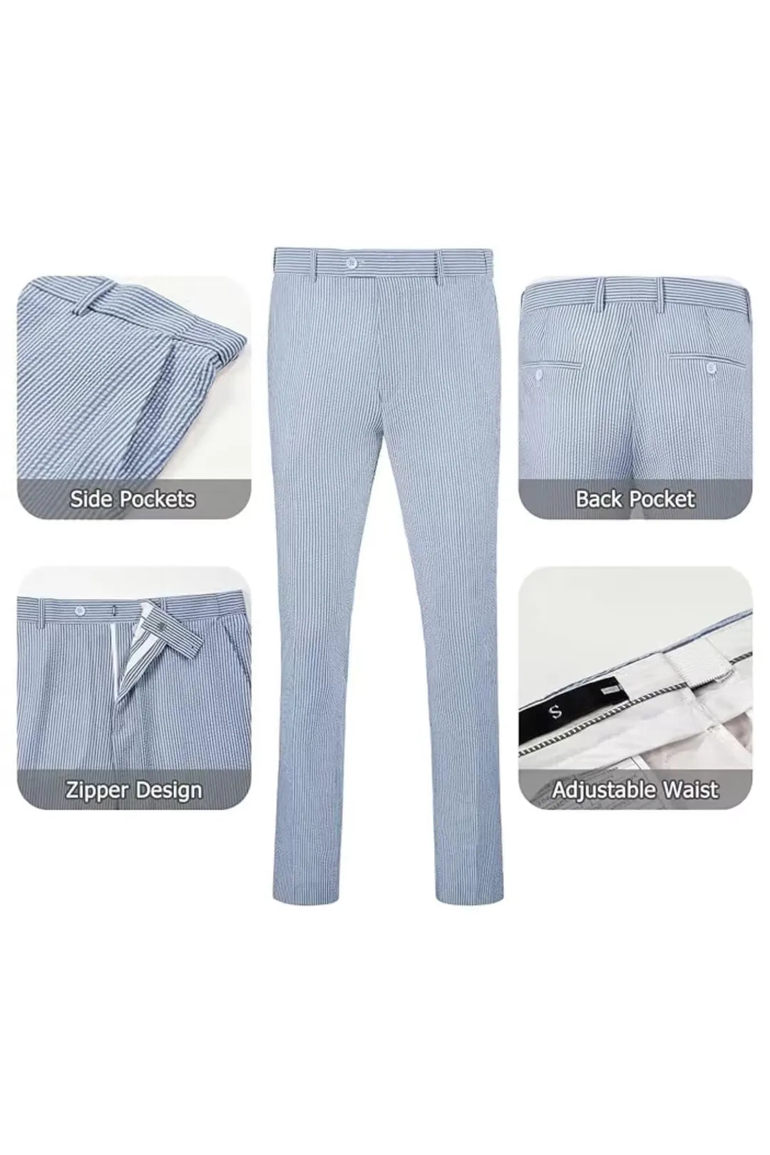 Navy blue-and-white striped seersucker pants with adjustable waist and zipper, designed for comfort.