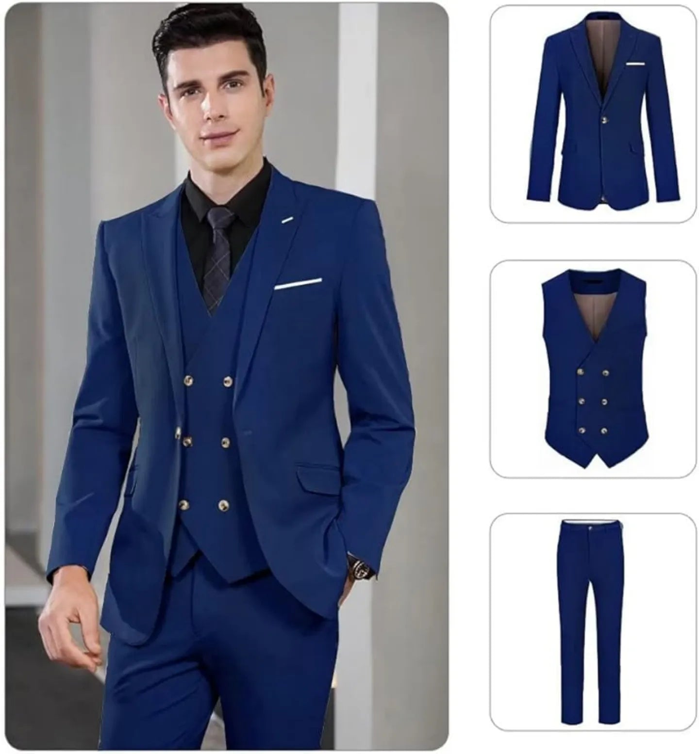 full set of men's navy double-breasted 3 piece suit displayed with blazer, vest, and trousers – classic formal attire for wedding or prom