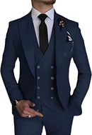 front view of men's navy double-breasted one-button 3 piece suit with slim fit blazer, vest and trousers for formal occasions