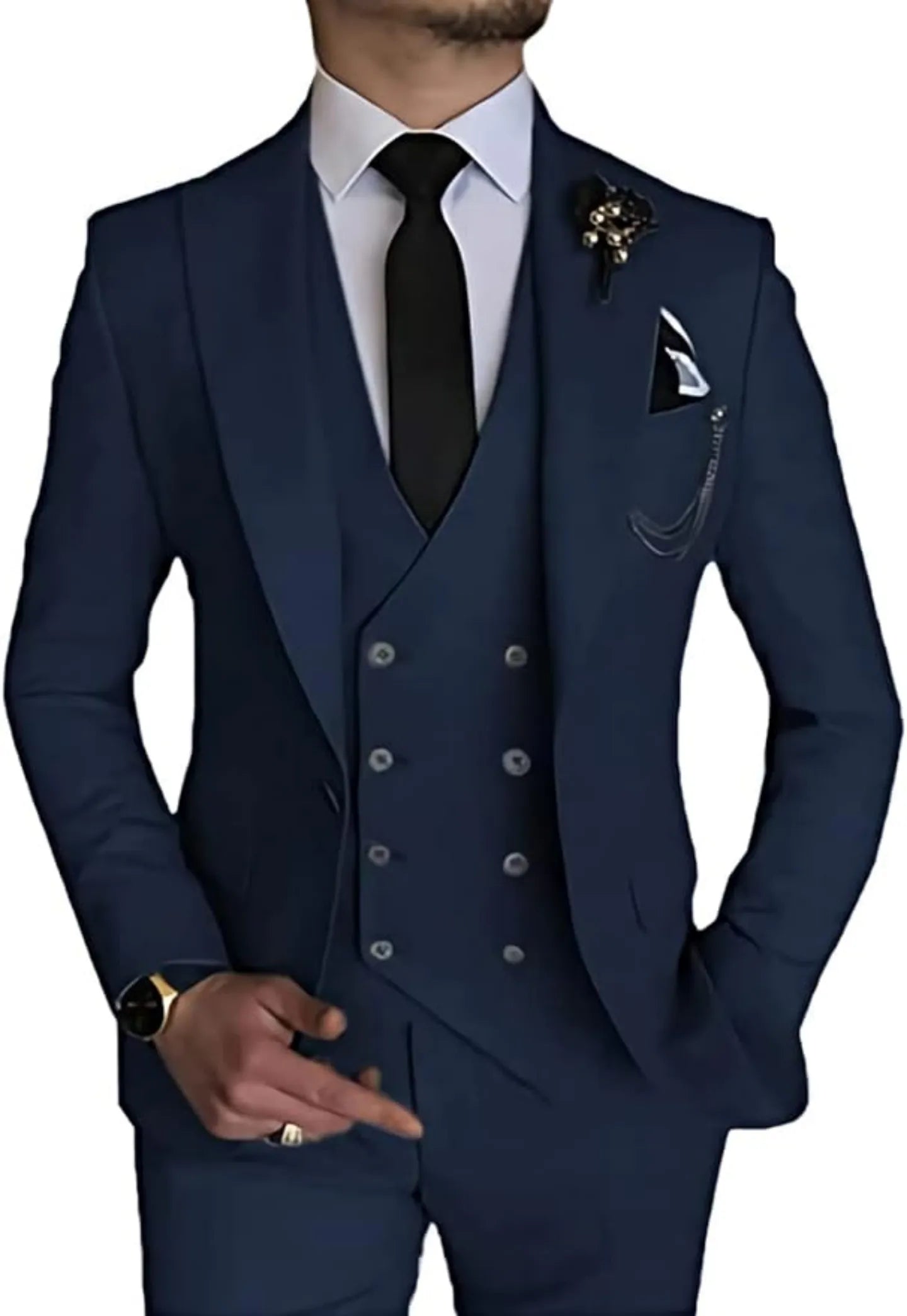 front view of men's navy double-breasted one-button 3 piece suit with slim fit blazer, vest and trousers for formal occasions