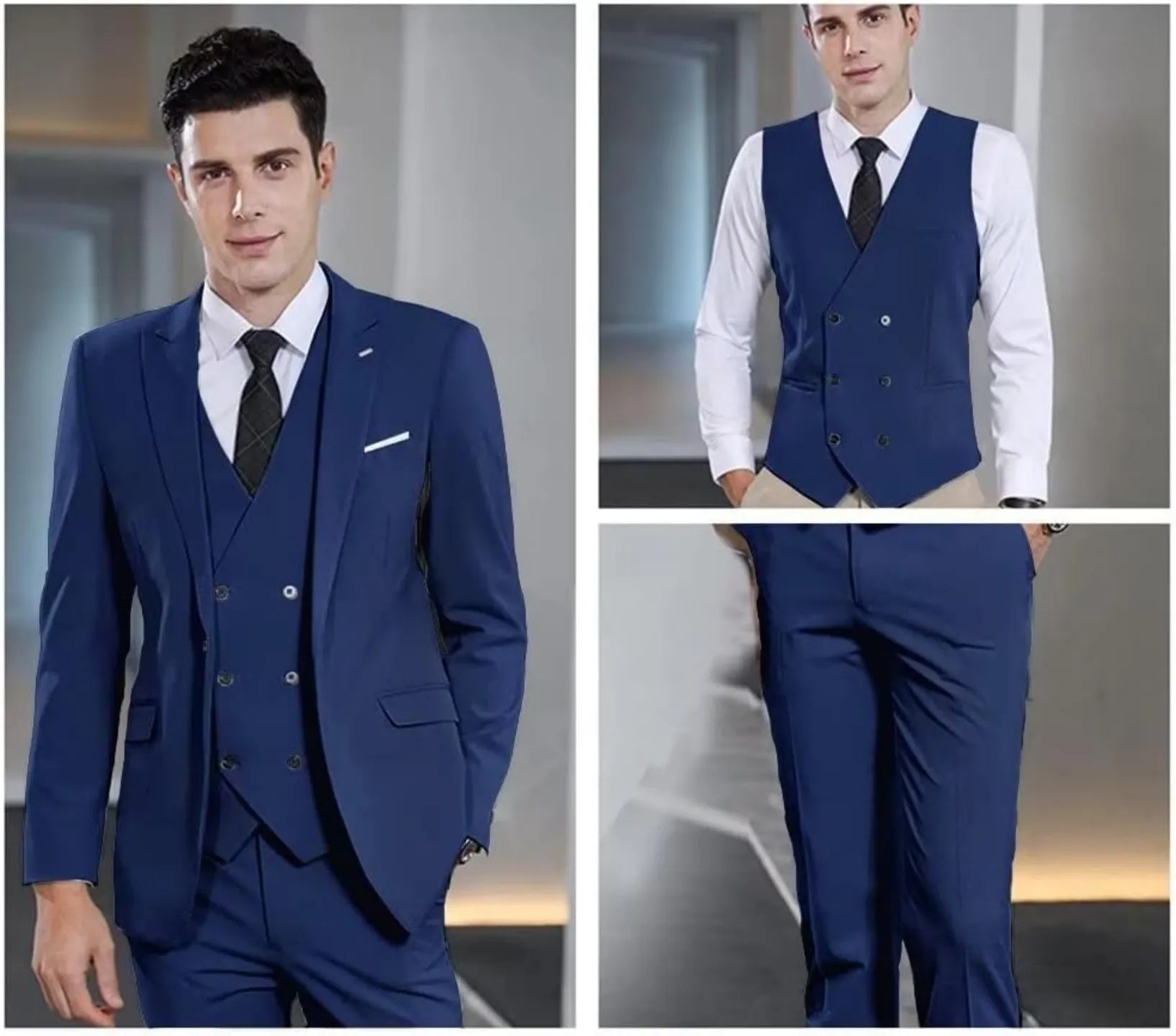 model wearing navy double-breasted vest with white shirt and tie, paired with matching slim trousers for business or wedding style