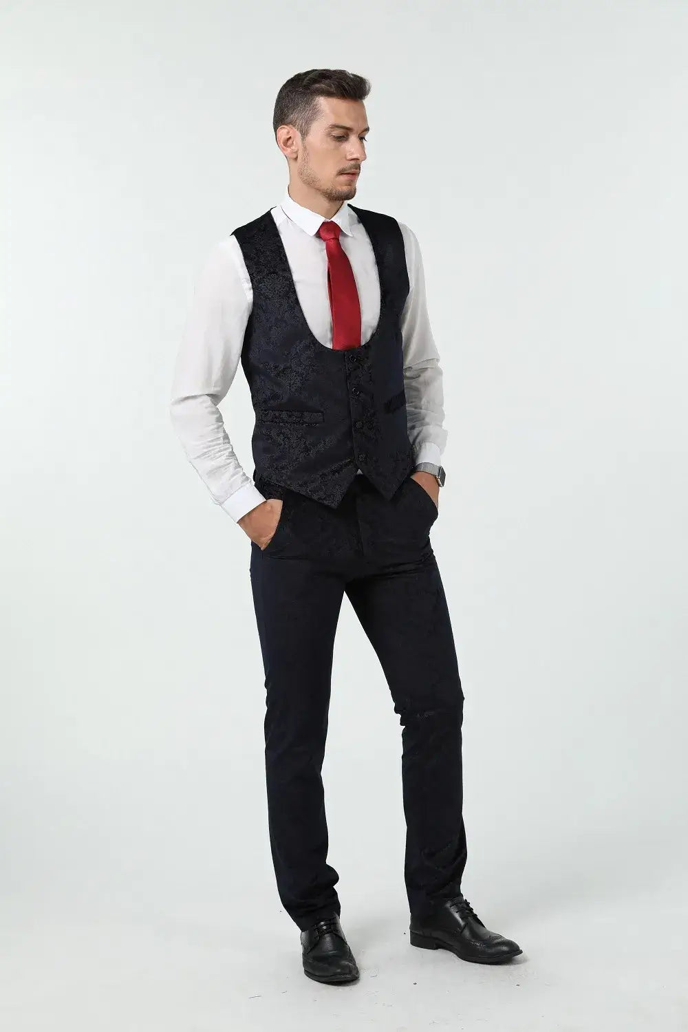 Men's navy floral vest and trousers from 3 piece prom suit – elegant formalwear without blazer