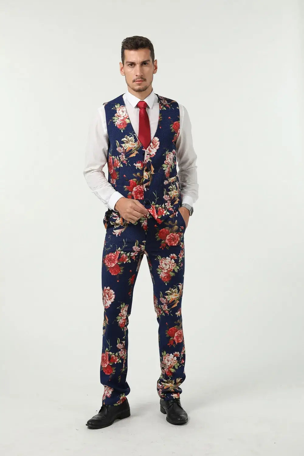 Men's navy floral suit vest and trousers set – modern formalwear without blazer