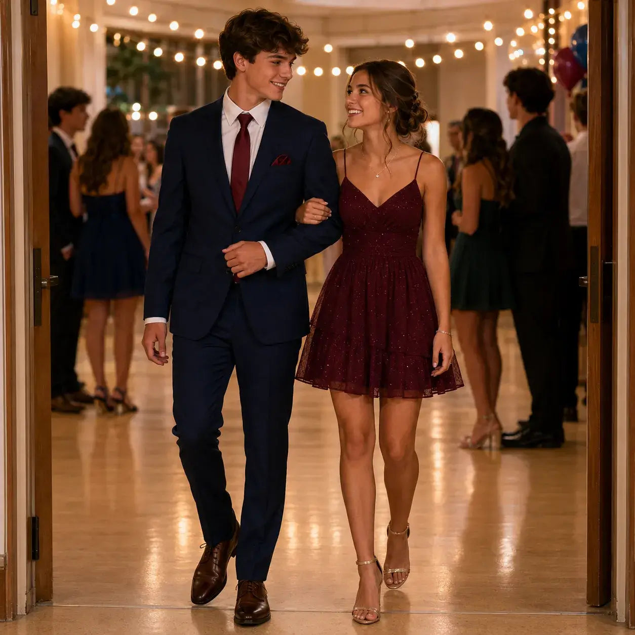 Young couple coordinating a navy Homecoming suit with a burgundy tie and matching burgundy dress.