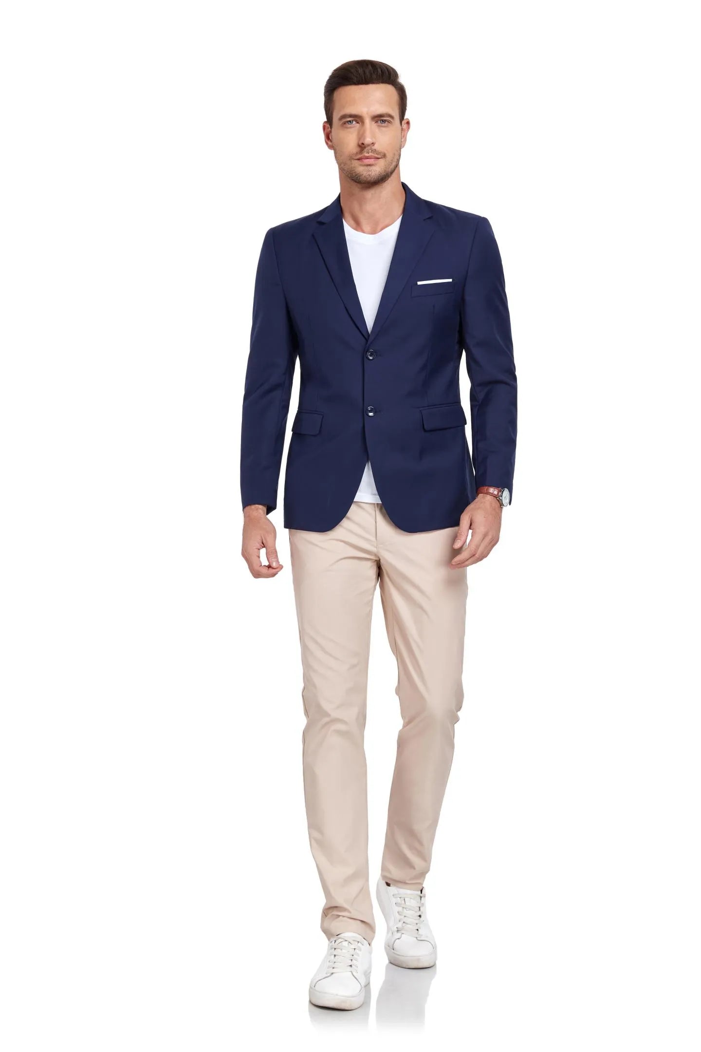 full-body view of a model in navy two-button blazer and beige pants – perfect for casual events.