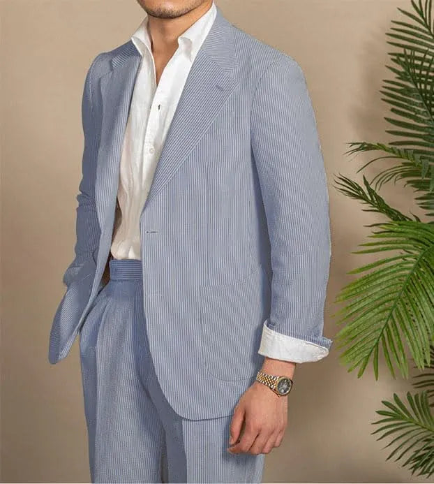 navy seersucker blazer and shorts set for men – classic summer tailoring front view