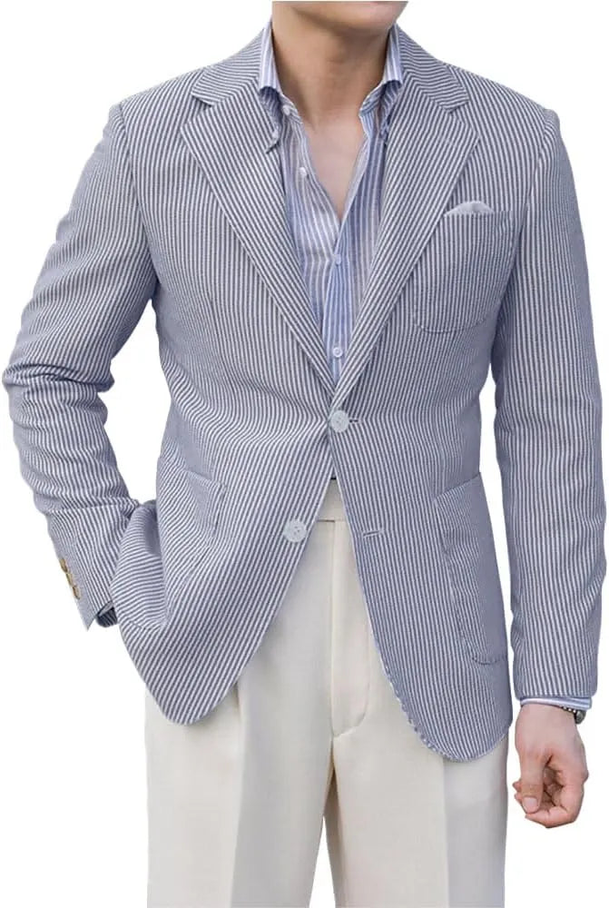 Navy blue striped seersucker jacket for men – casual lightweight blazer summer style