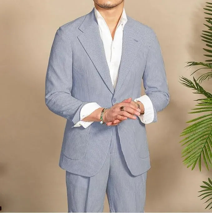 navy striped men's seersucker summer suit – relaxed fit 2 piece warm weather look