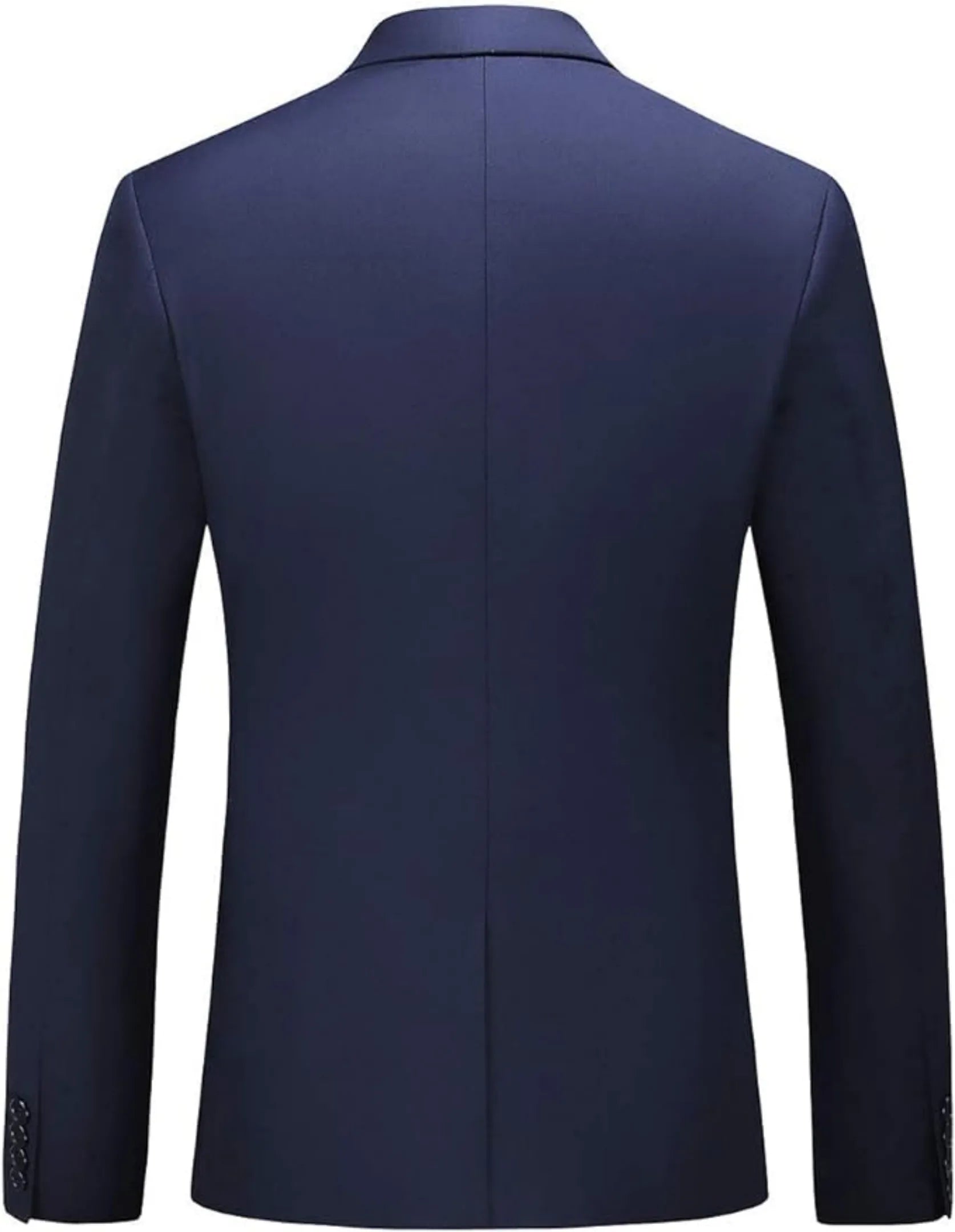 back view of men's navy single-breasted one button suit blazer, highlighting the crisp finish and sharp tailoring.