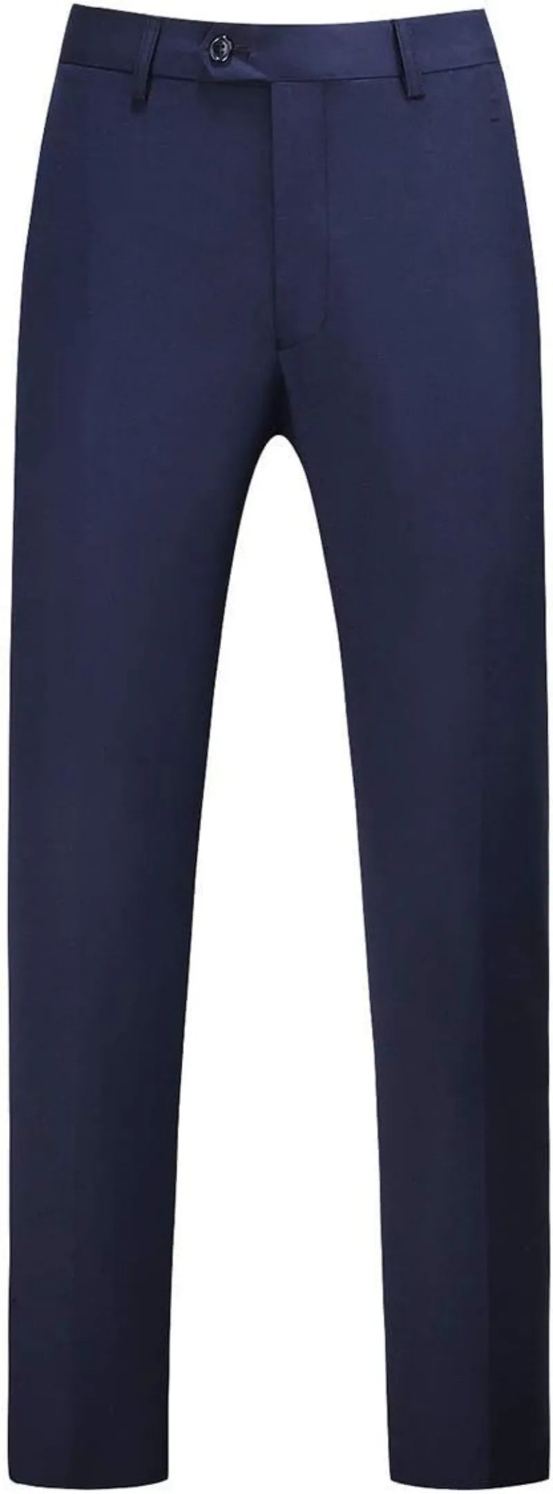 front view of men's navy single-breasted one button suit trousers, featuring a slim fit cut with a classic finish.