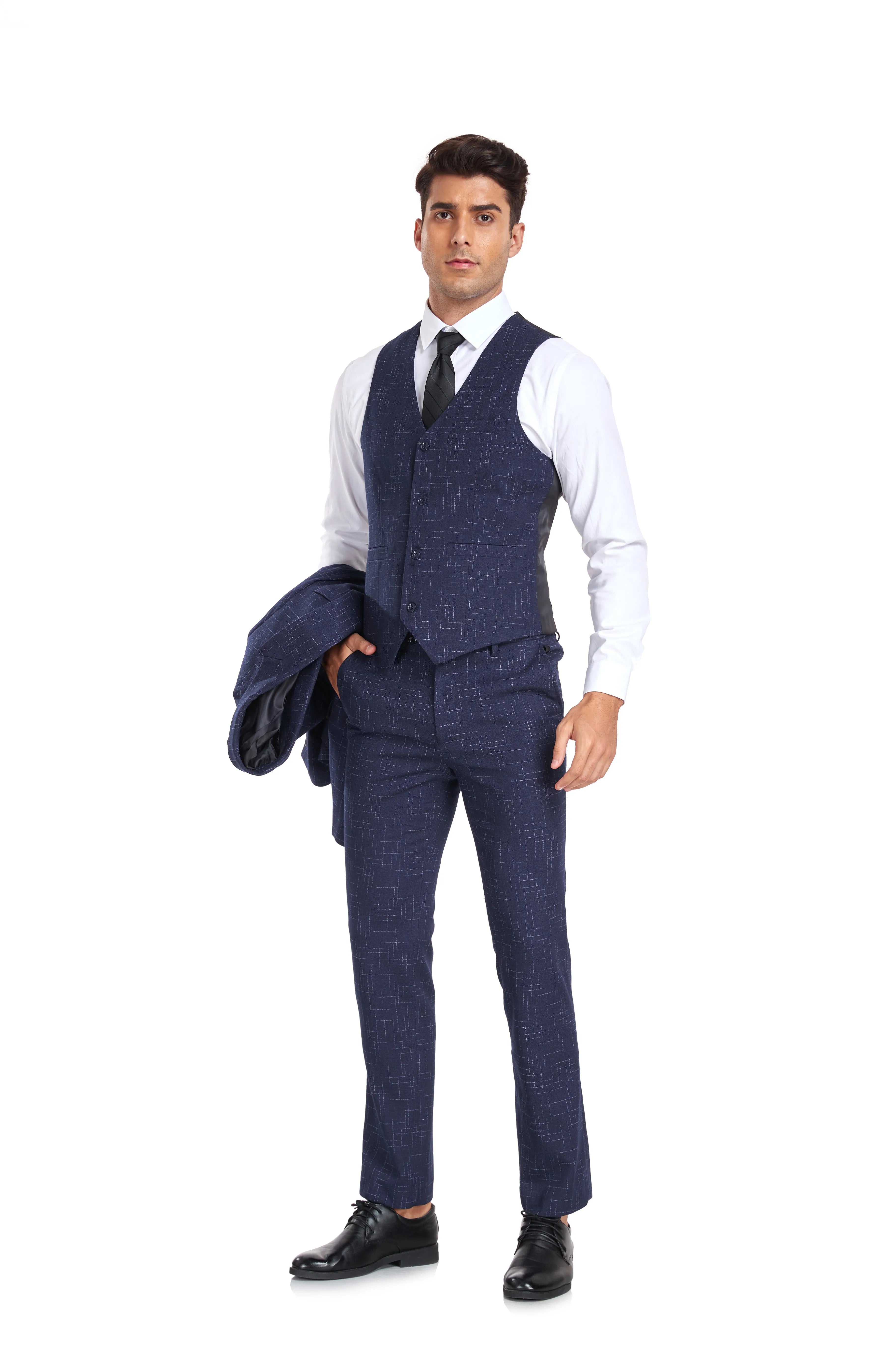 navy slim fit 3 piece men's plaid suit vest and pants set, stylish groom outfit for weddings and formal parties