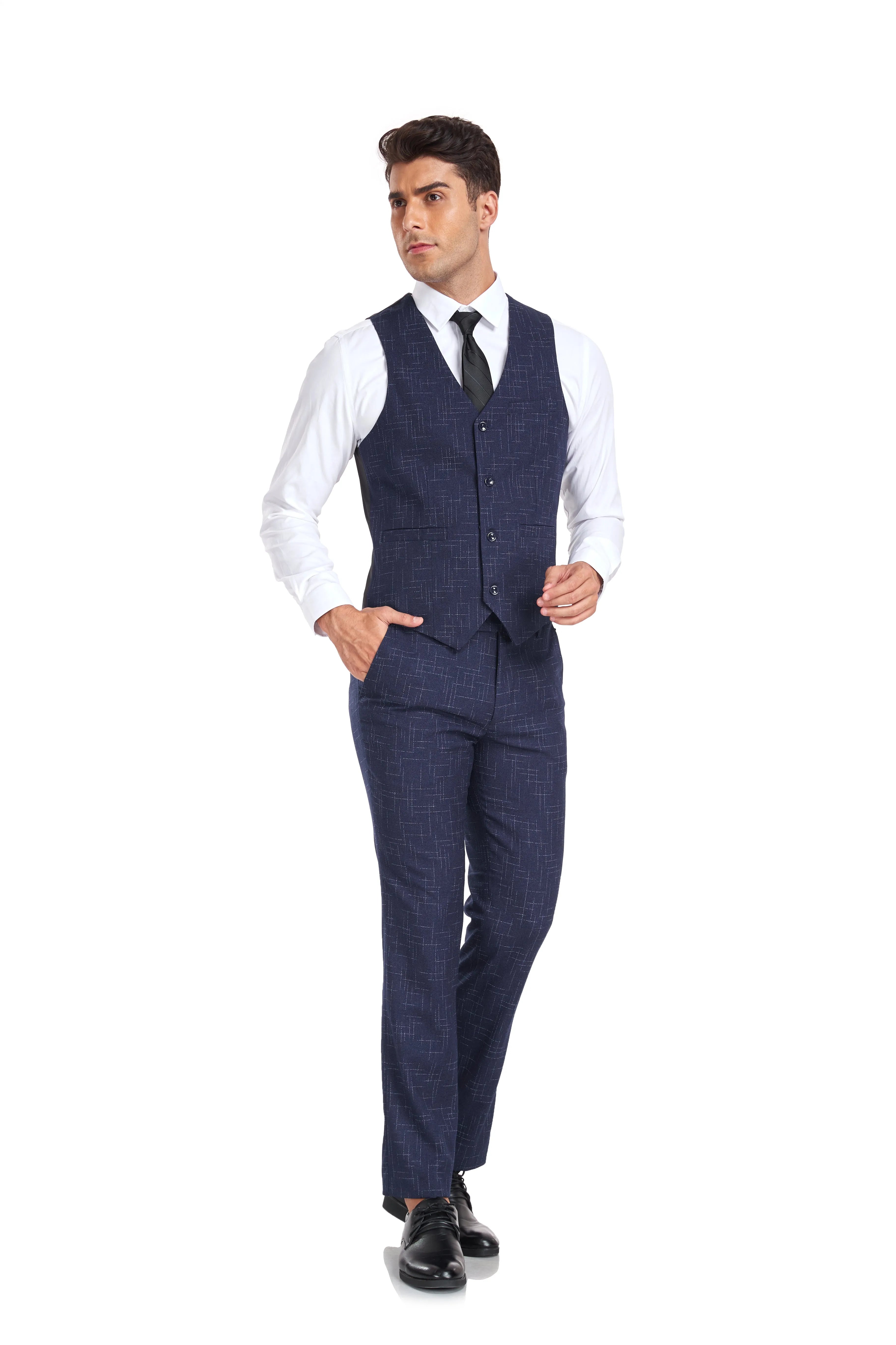 slim fit navy plaid waistcoat and trousers from 3 piece men's suit, perfect for formal occasions and office wear