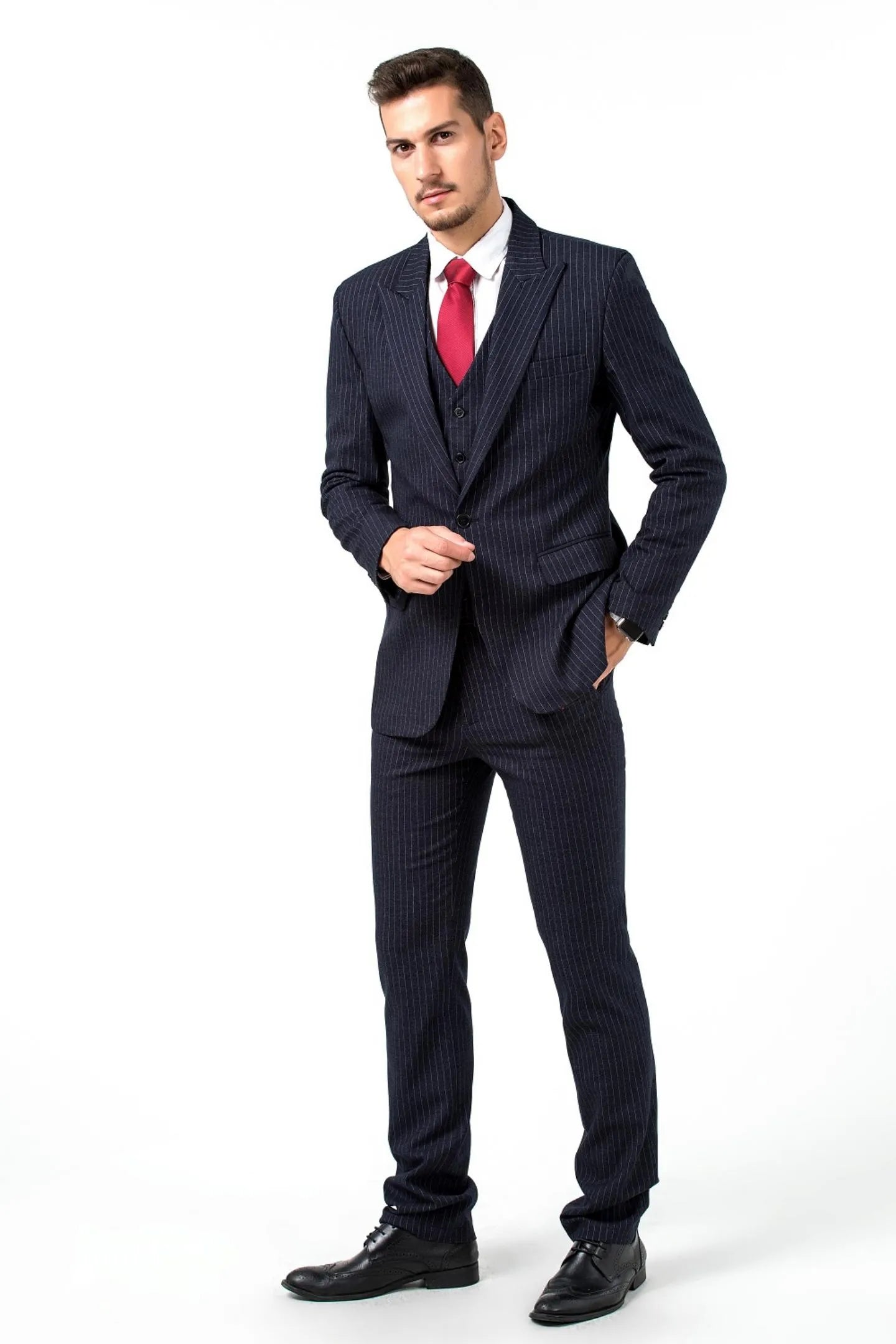 full front view of navy slim fit pinstripe 3 piece men's suit – tailored for business and formal occasions, paired with a red tie.