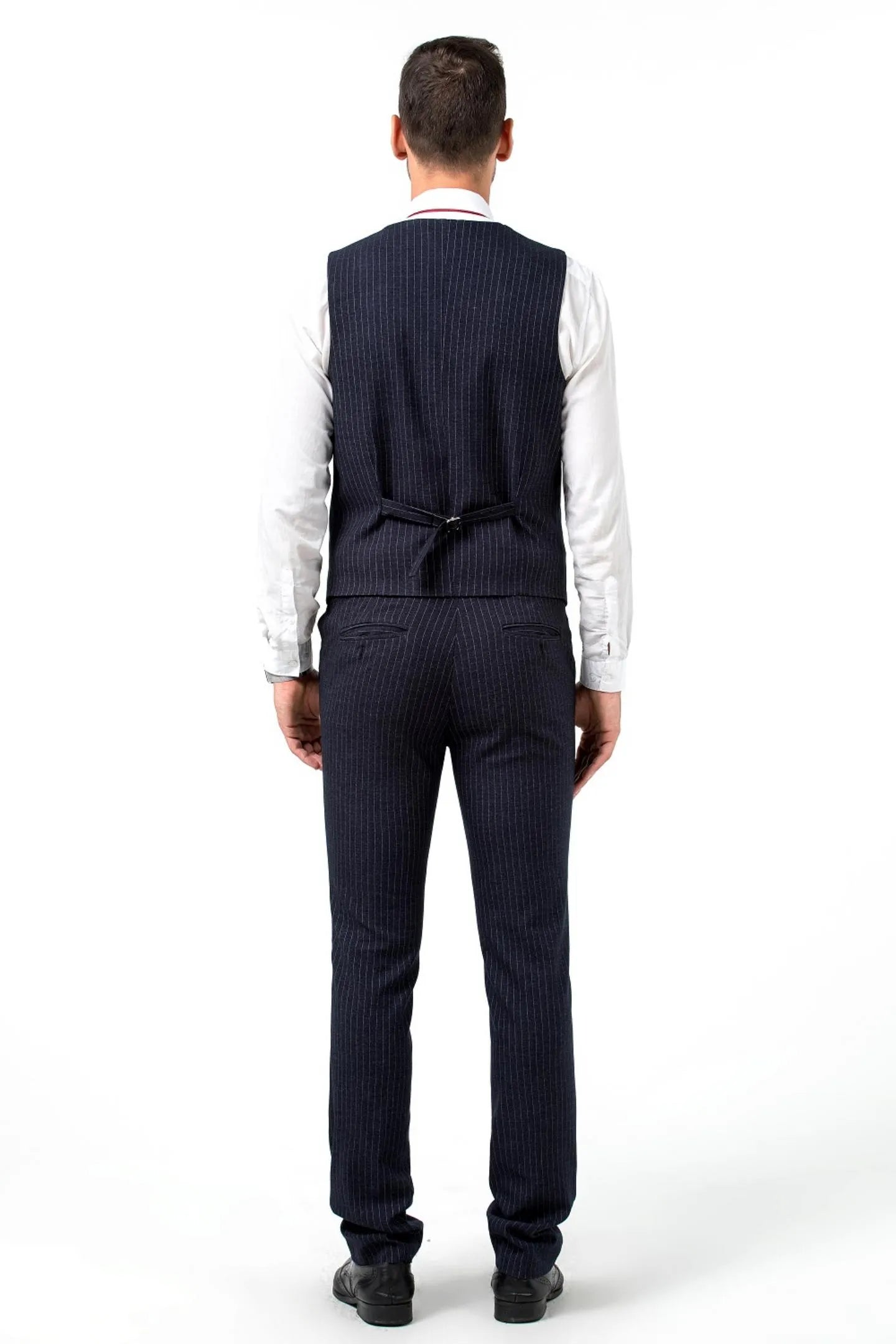 back view of navy slim fit pinstripe 3 piece men's suit – vest and pants, ideal for business or formal work events.
