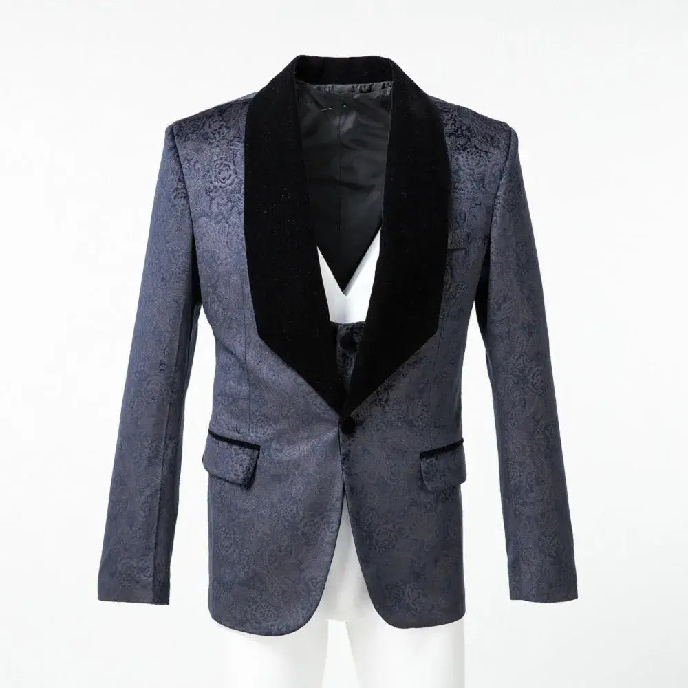 Navy velvet 3 piece suit for men – floral pattern with black shawl lapel, jacket closed