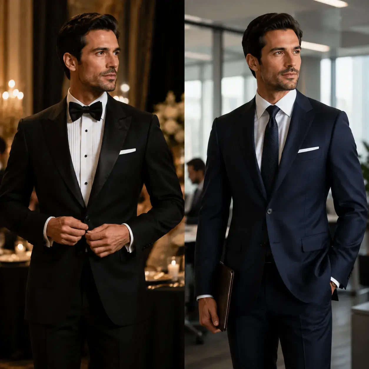 Side-by-side image of a man in a black peak lapel tuxedo at a formal evening event and a man in a navy notch lapel suit in a modern office, illustrating versatility across occasions.