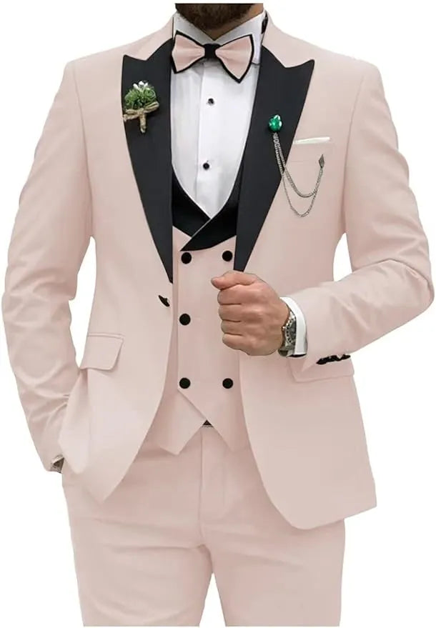 nude double breasted 3 piece suit with black lapel – front view