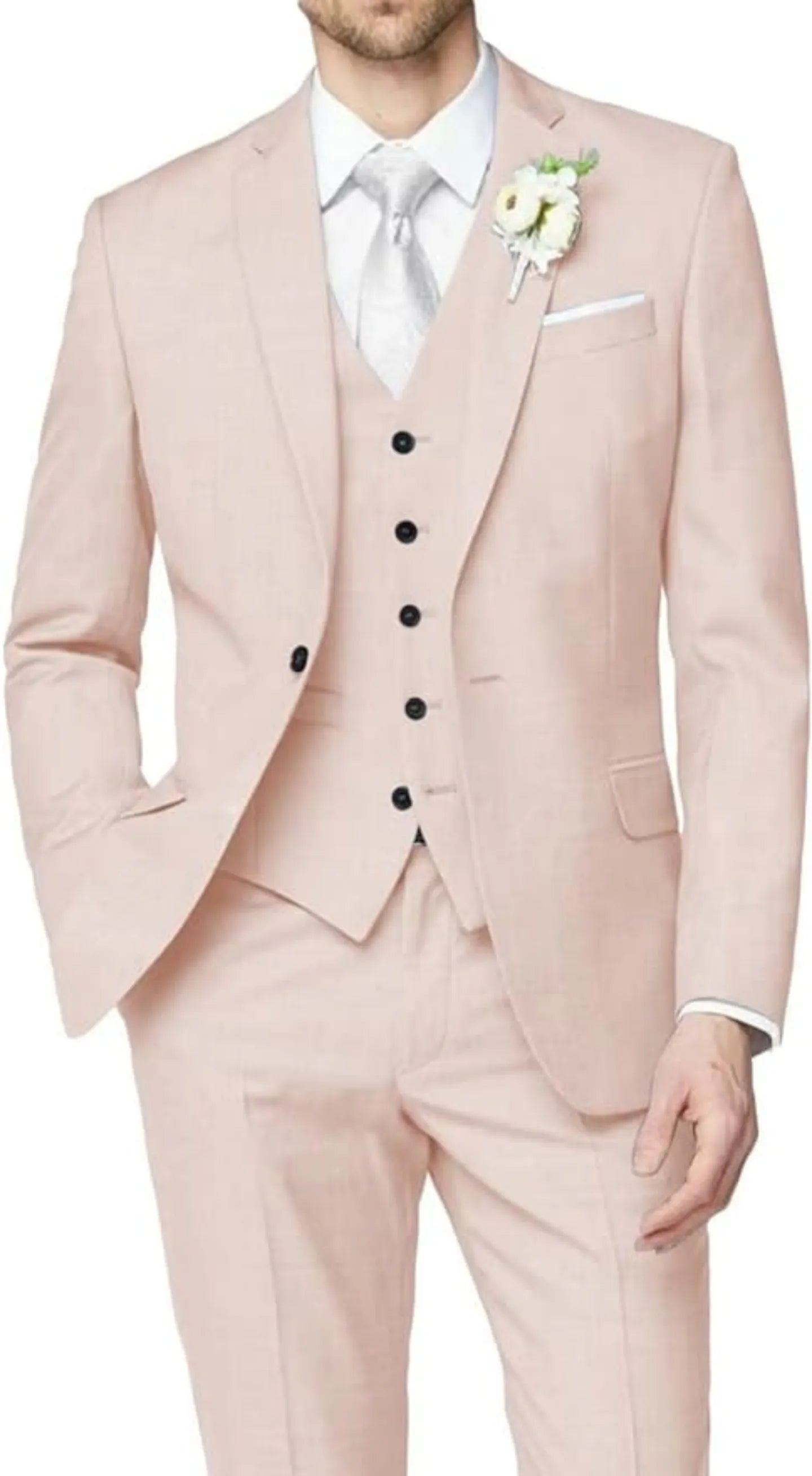 front view of nude wedding groomsmen 3 piece men's suit with tailored blazer, buttoned vest, slim trousers, white shirt, and silver tie with boutonniere
