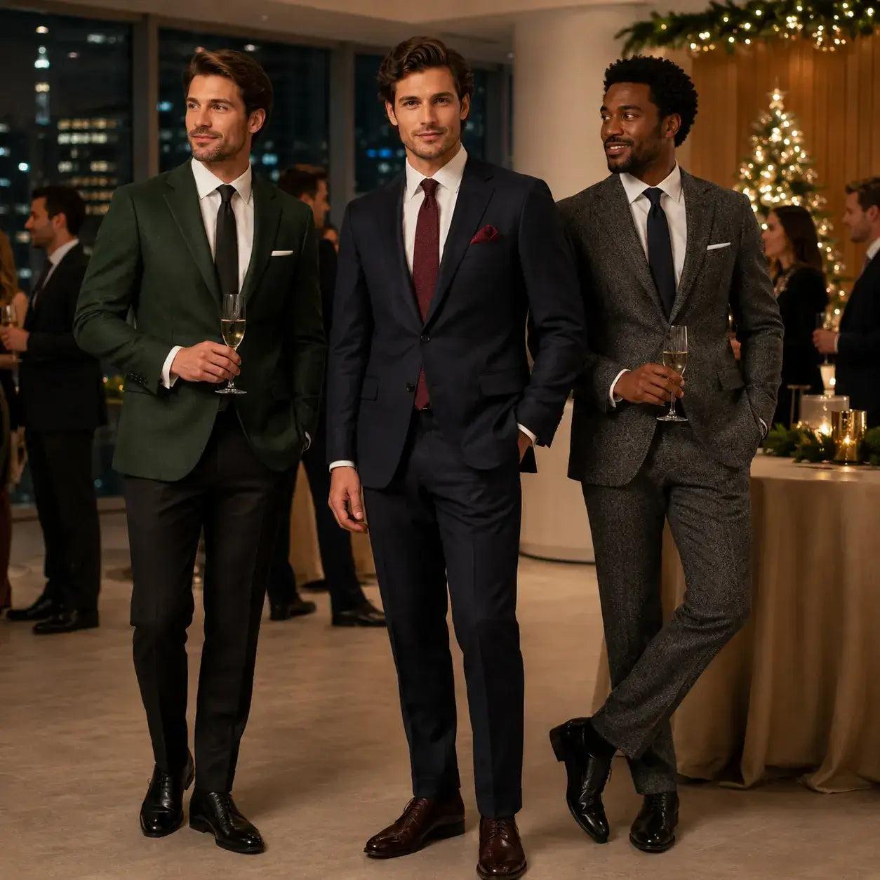 Men's office Christmas party outfits featuring a navy suit, dark green suit, and charcoal herringbone suit in a professional holiday event setting.