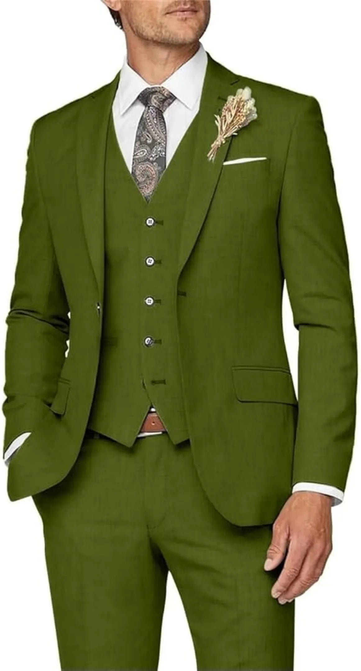 olive green 3 piece suit for men: formal wedding prom outfit with slim blazer, vest, trousers & lapel flower