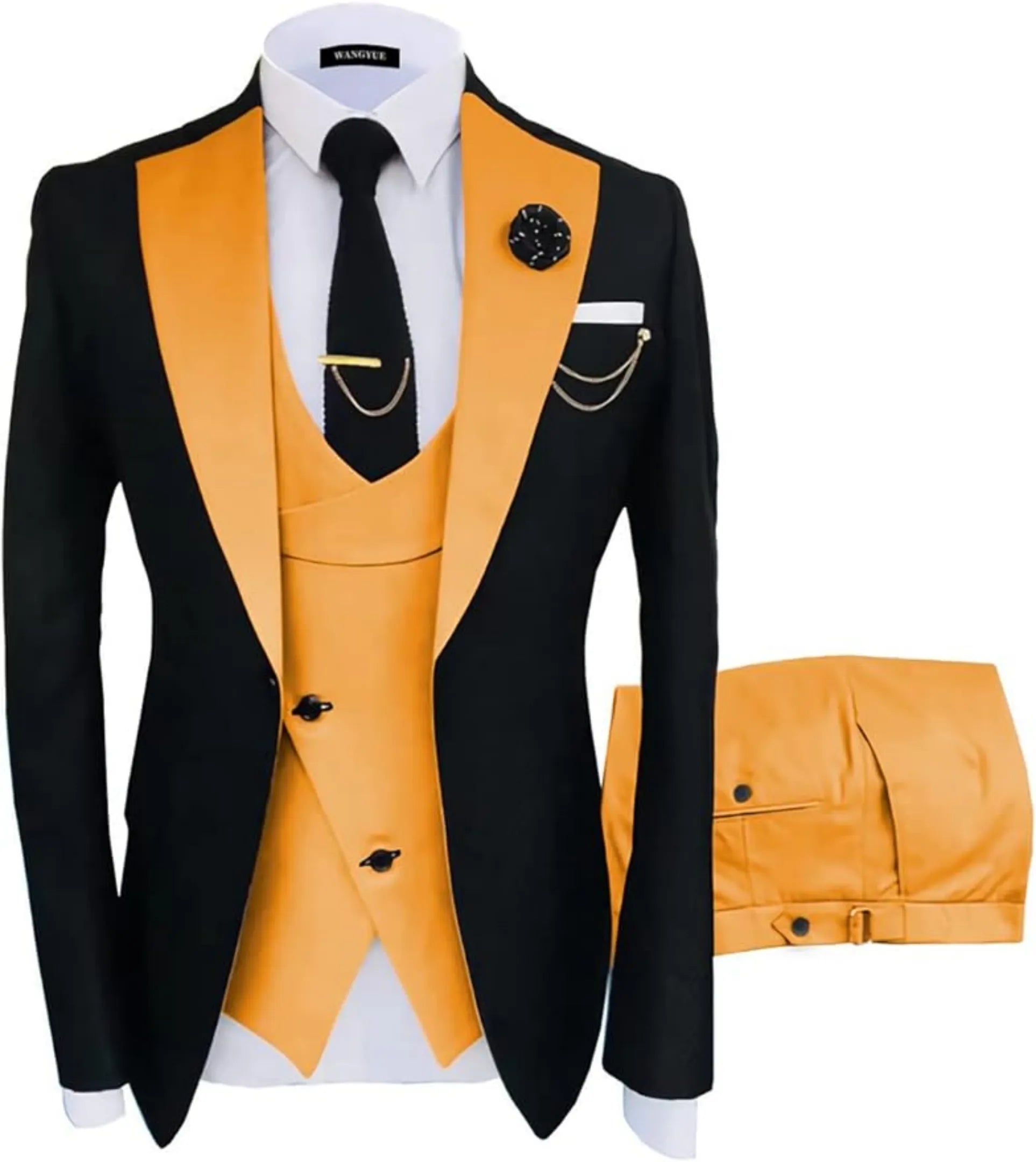 orange and black 3 piece men's suit: black blazer with orange satin lapel, cross orange vest, gold chain, lapel pin and white pocket square