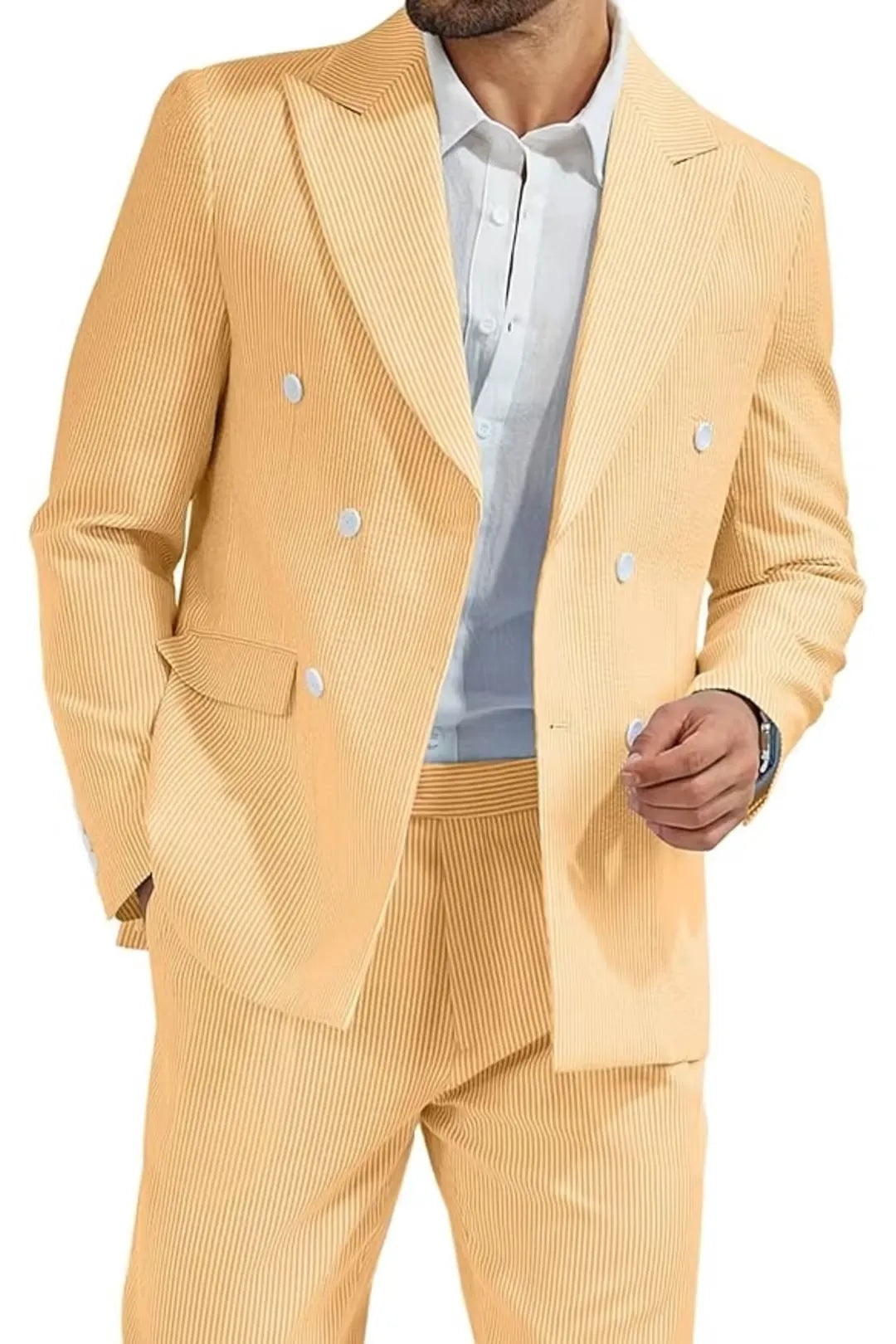 close-up of men's orange double-breasted seersucker blazer, showcasing textured stripes and white buttons.