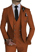 Load image into Gallery viewer, front view of men's orange red double-breasted one-button 3-piece suit – includes blazer, vest, and trousers for formal events
