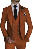 front view of men's orange red double-breasted one-button 3-piece suit – includes blazer, vest, and trousers for formal events