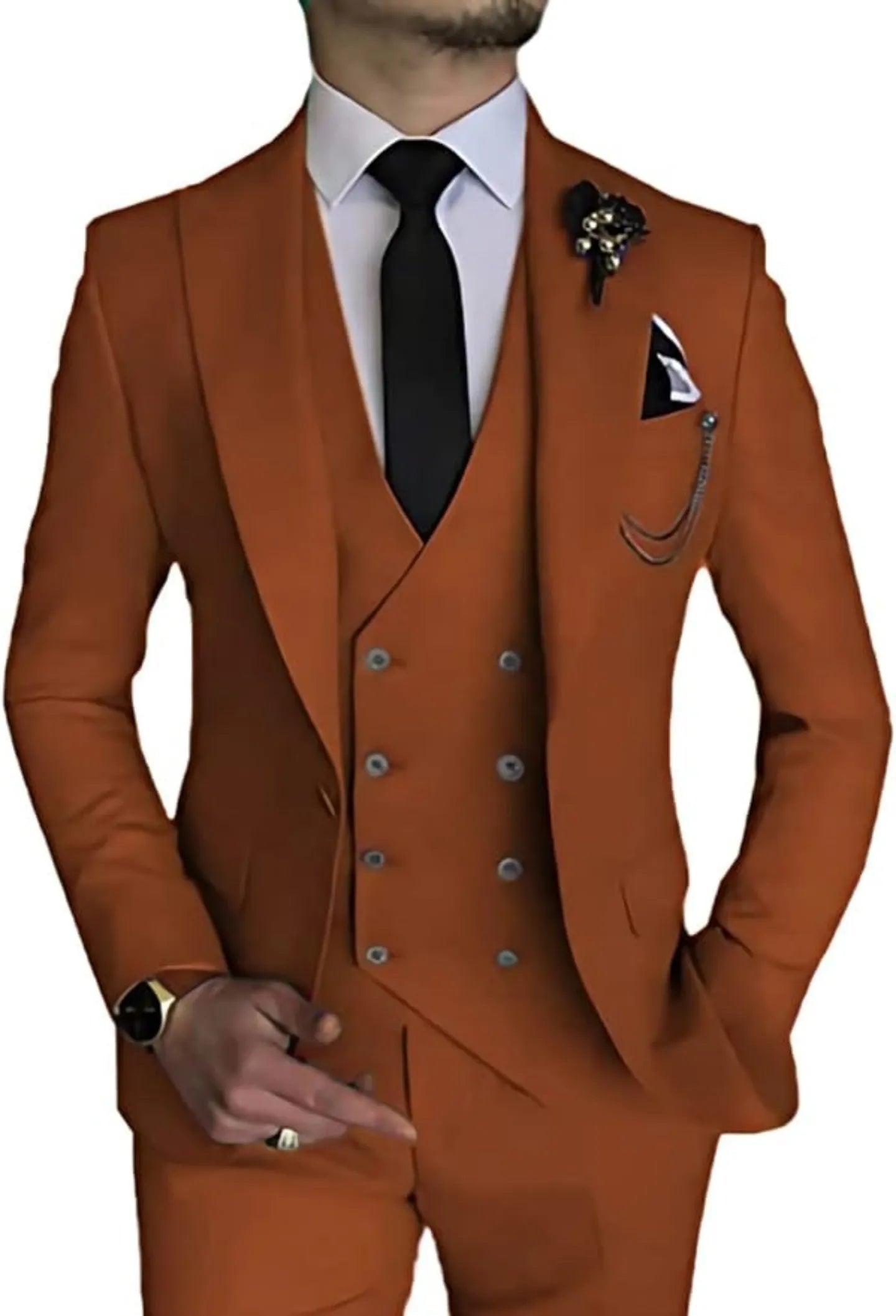 front view of men's orange red double-breasted one-button 3-piece suit – includes blazer, vest, and trousers for formal events
