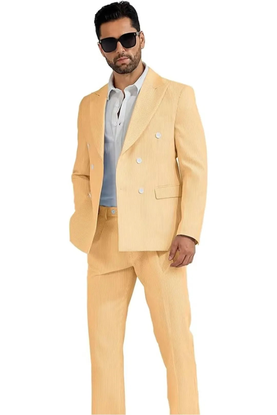 full body shot of a man wearing a men's orange double-breasted seersucker suit, paired with a white shirt and stylish sunglasses.