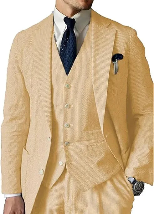 Orange seersucker wedding suit for men – 3 piece summer blazer vest set