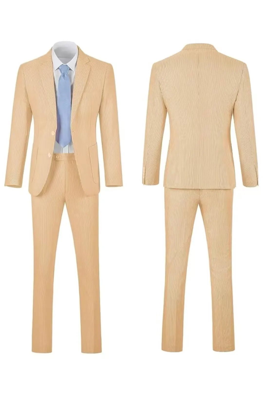 Full front and back view of a men's orange-and-white striped seersucker blazer set, ideal for summer wear.