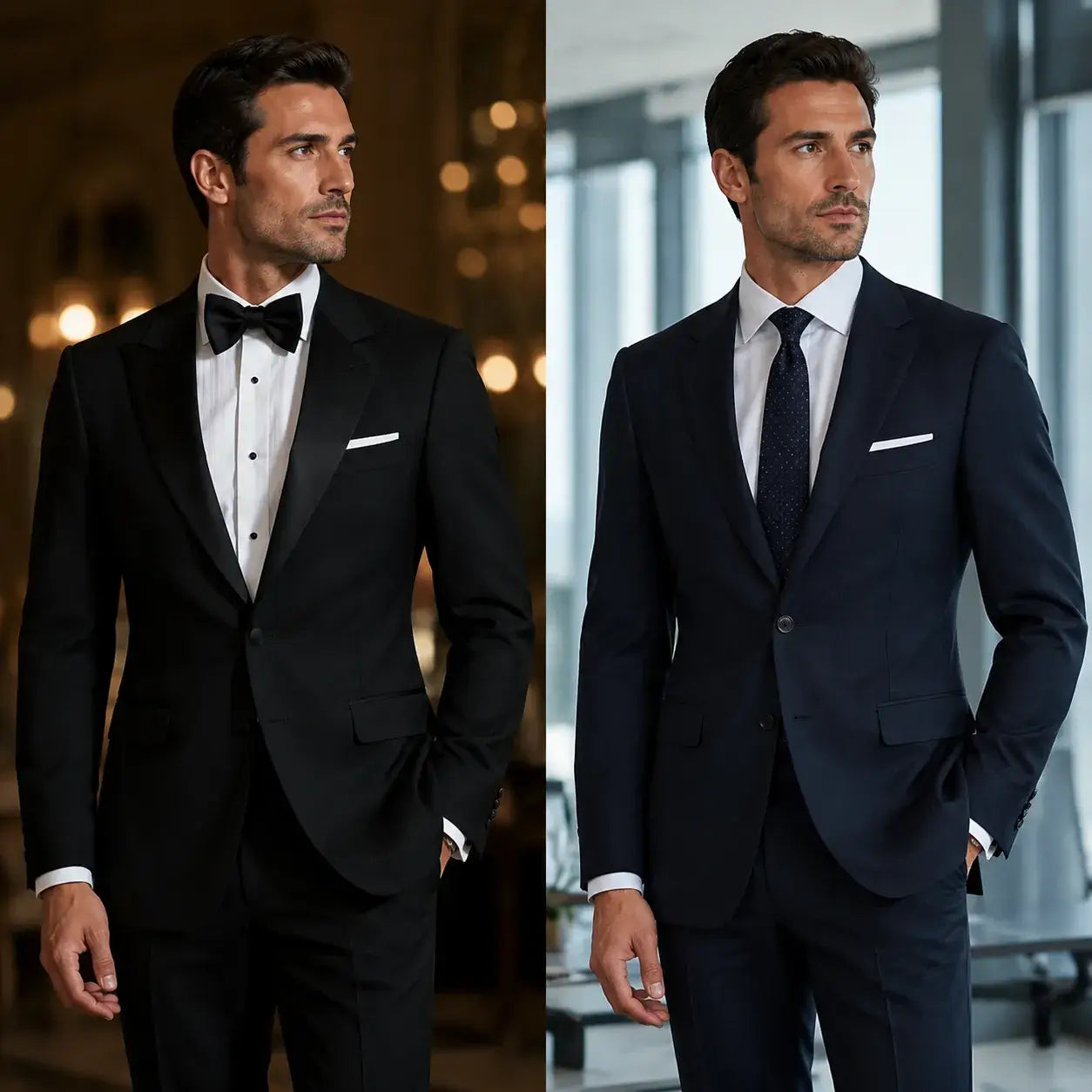 Side-by-side comparison of a man in a black peak lapel tuxedo at a formal evening event and a man in a navy notch lapel suit in a modern office setting.