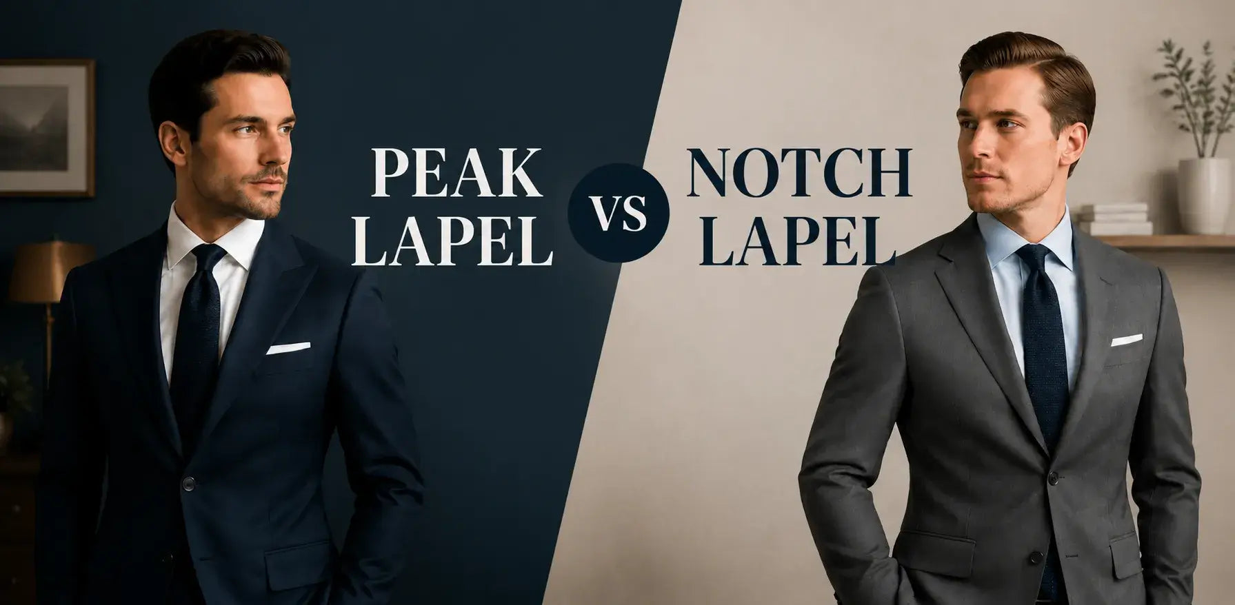 Blog banner with headline comparing peak lapel and notch lapel suits, helping readers choose the right style for different occasions.