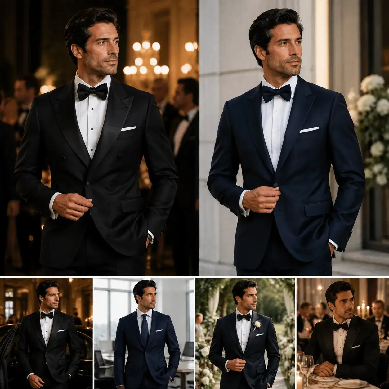 Side-by-side image of a man in a black peak lapel tuxedo at a formal evening event and a man in a navy notch lapel tuxedo in a refined outdoor setting, highlighting different formal styles.