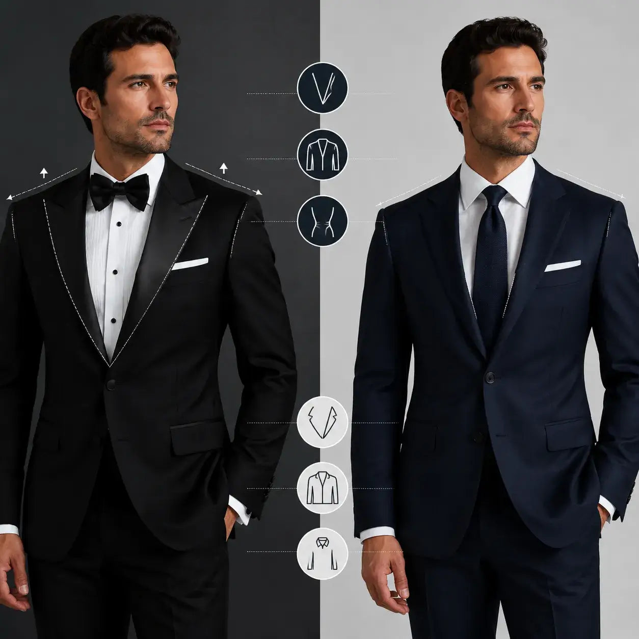 Side-by-side image of a man in a black peak lapel tuxedo with a sharp structured silhouette and a man in a navy notch lapel suit with a clean understated look.