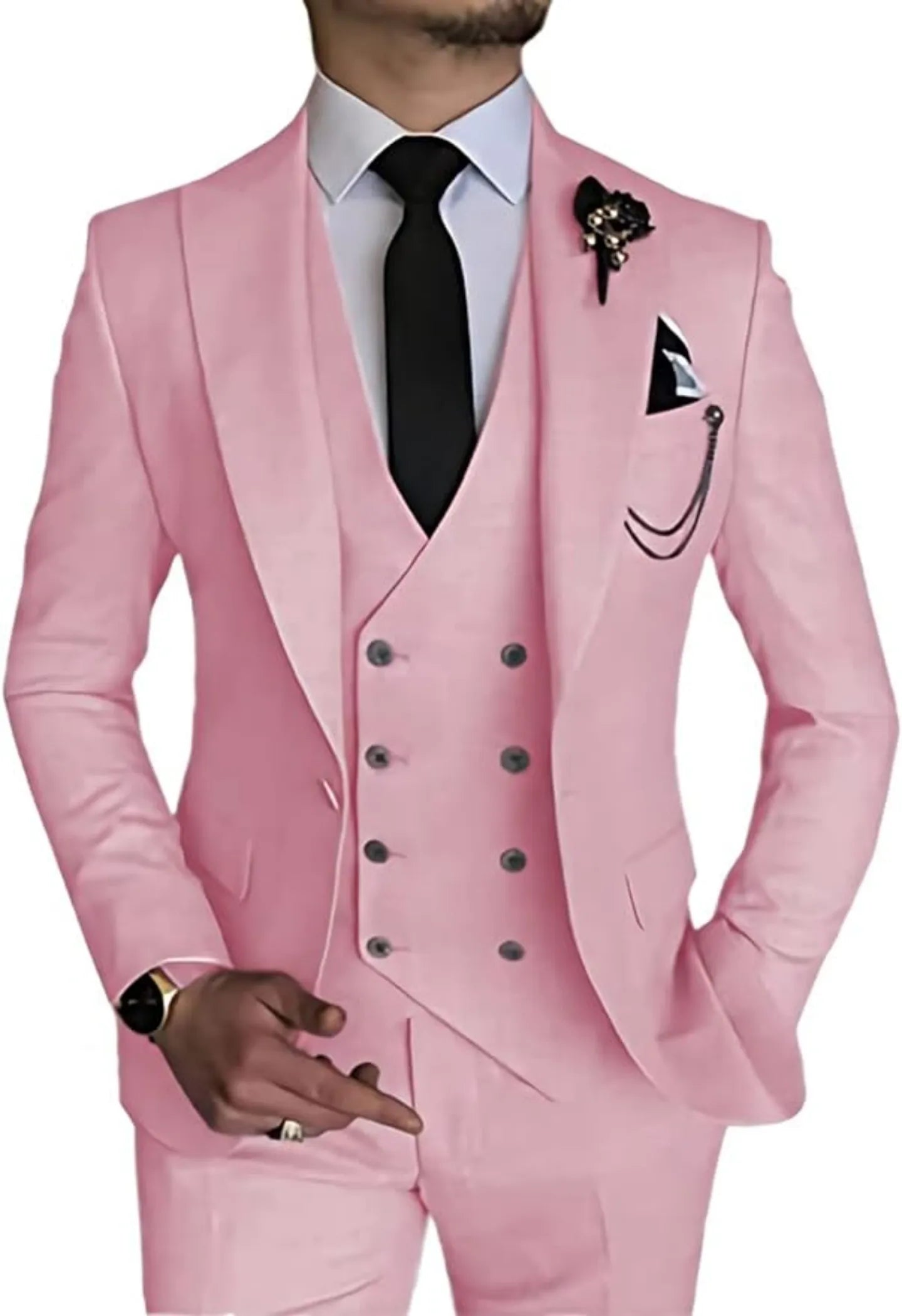 front view of men's pink double-breasted 3-piece suit – includes blazer, vest, and trousers styled with black tie