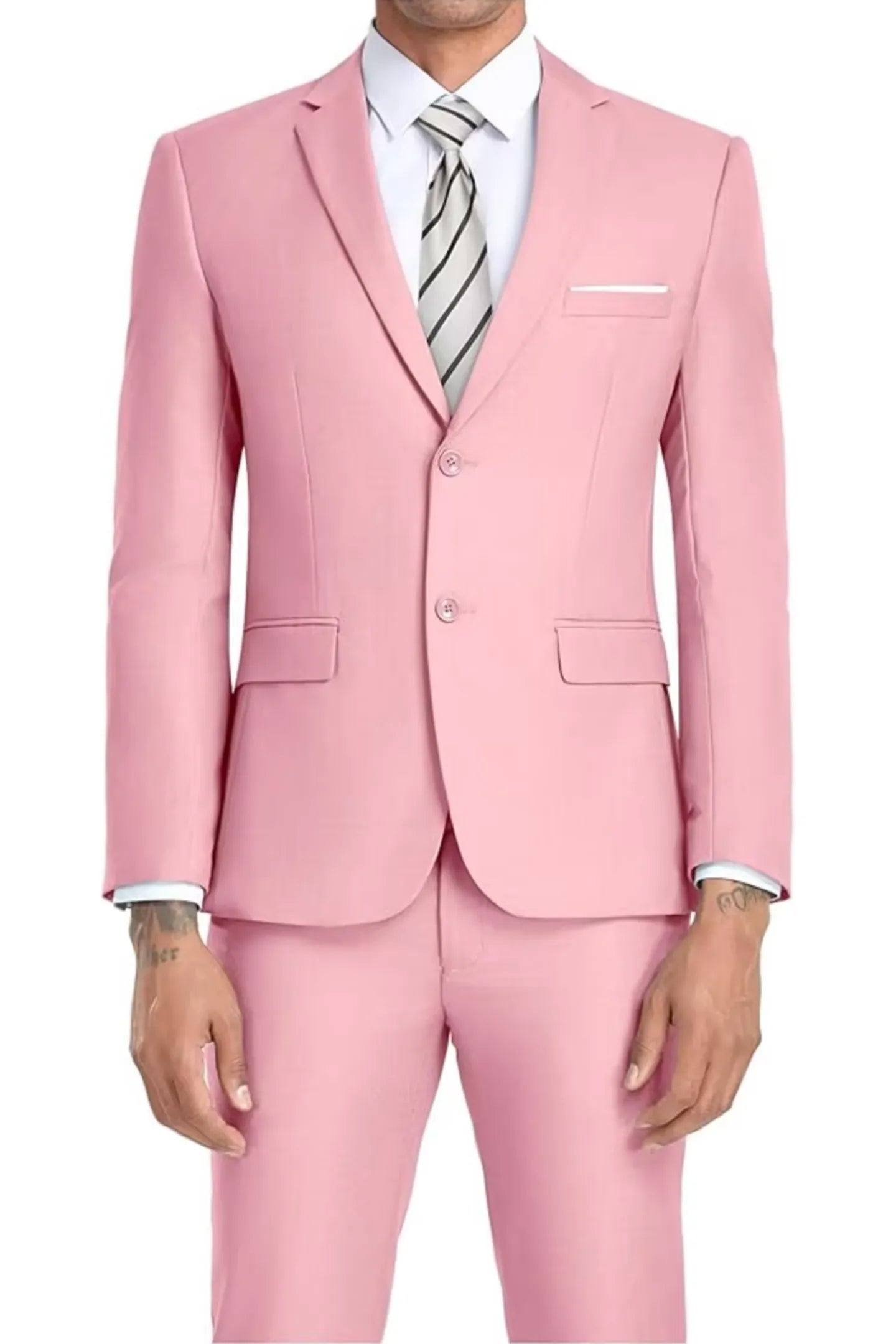 pink men's blazer with notched lapel and two buttons – sophisticated wedding-ready suit jacket for formal occasions.