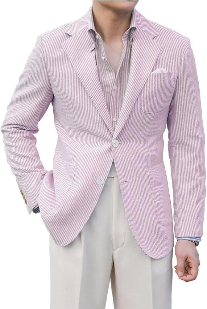 Pink striped seersucker blazer for men – lightweight summer jacket front view