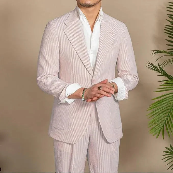 pink striped men's seersucker summer suit – relaxed fit 2 piece warm weather look
