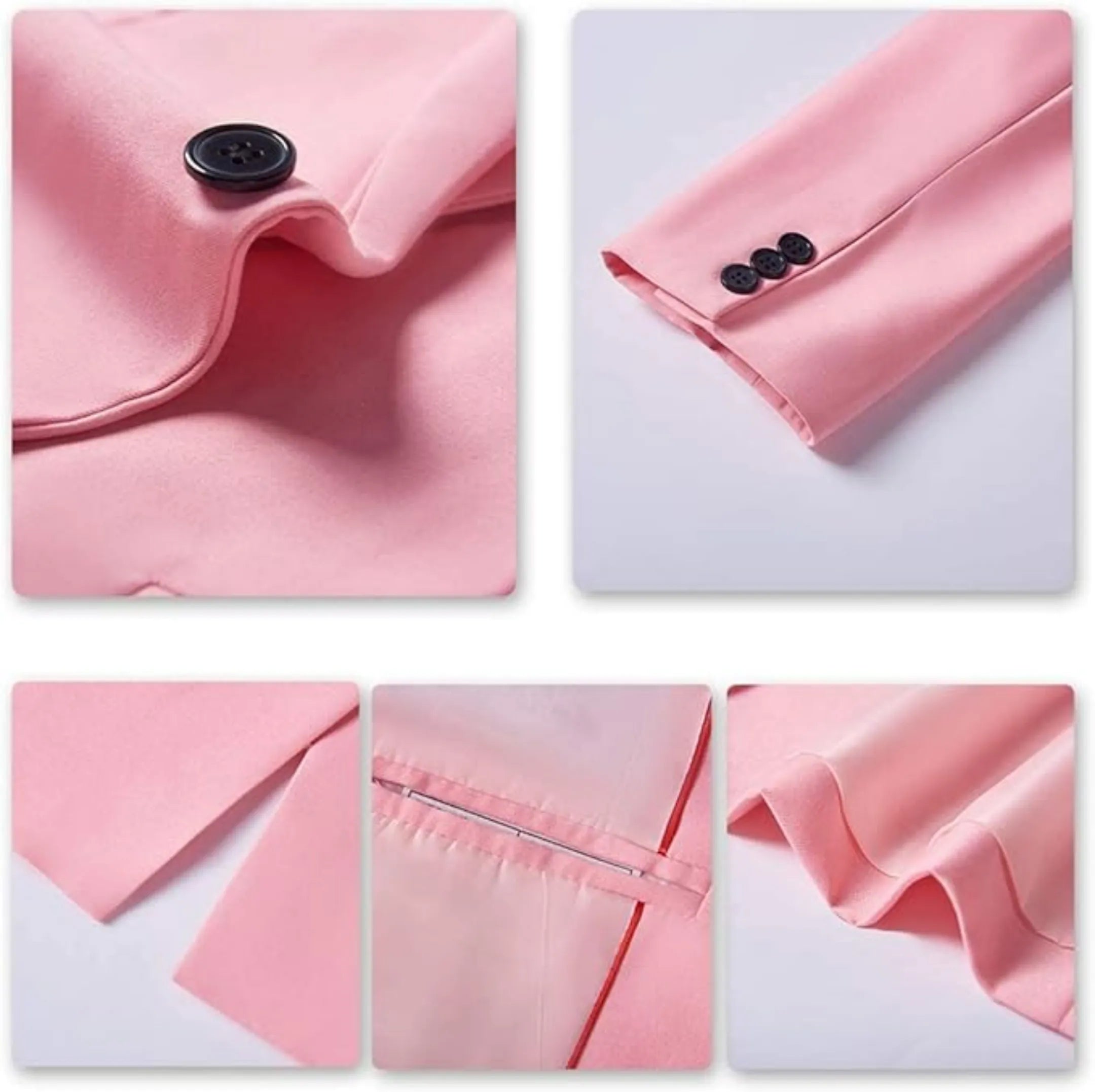 detailed shot of men's pink suit blazer showing the button closure, cuff, and fine fabric stitching for a refined look.